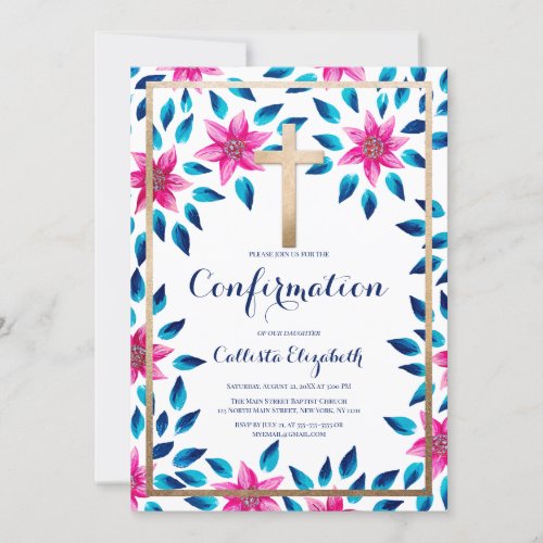 Pink Blue Flowers Leaves Gold Cross Confirmation Invitation