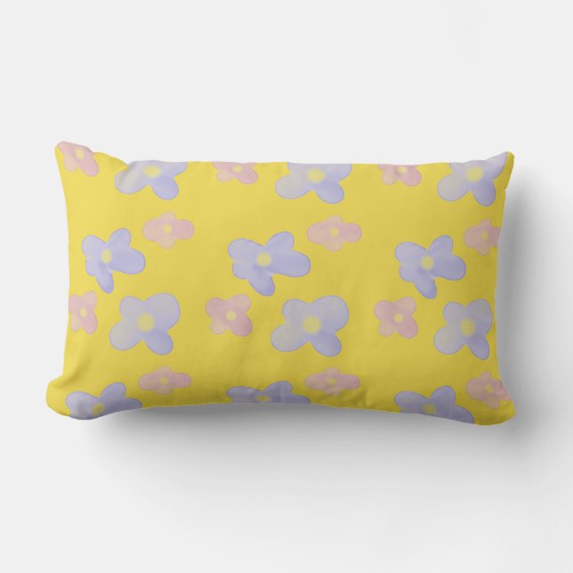 Pink Blue Flowers on Bright Yellow Lumbar Pillow (Front)