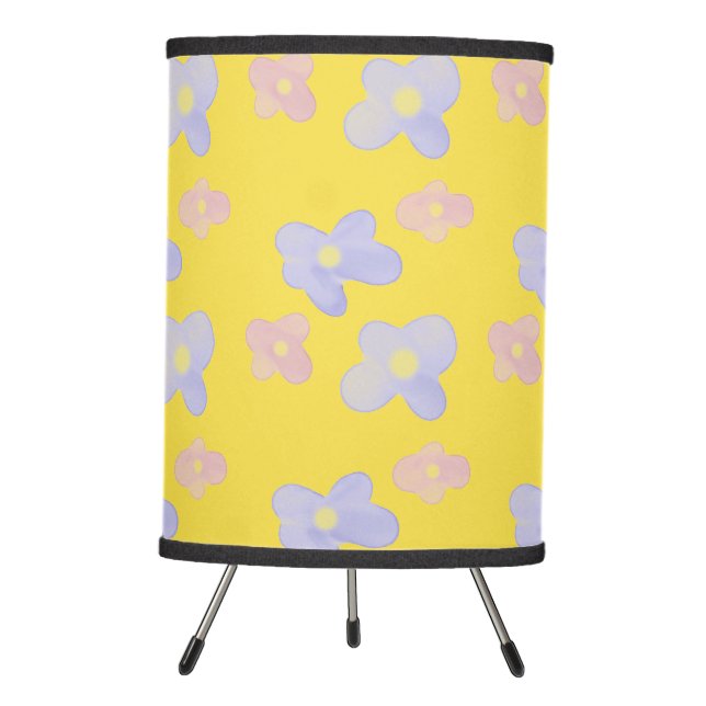 Pink Blue Flowers on Bright Yellow Tripod Lamp (Front)