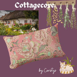 Pink Blue Flowers on Coral Background Lumbar Pillow