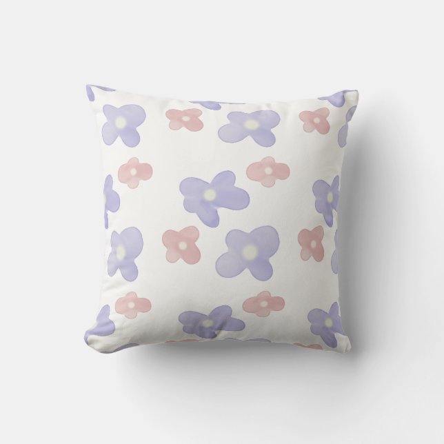 Pink Blue Flowers on White Throw Pillow (Front)