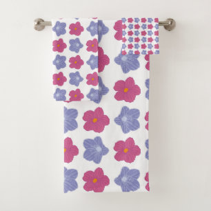 Pink Blue Flowers Pattern Bath Towel Set