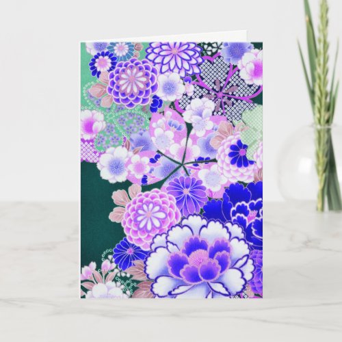 PINK BLUE FLOWERS PeonyRoses Japanese Floral Holiday Card