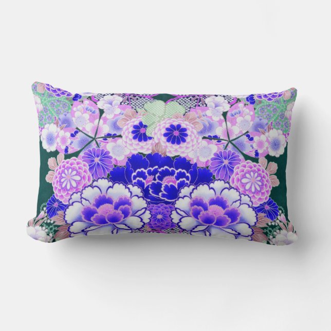 PINK BLUE FLOWERS Peony,Roses Japanese Floral  Lumbar Pillow (Front)