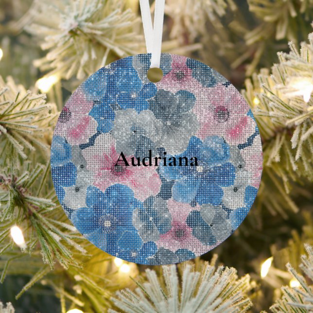 Pink Blue Flowers Sparkle Metal Ornament (Insitu)