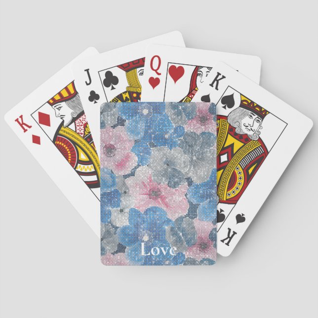 Pink Blue Flowers Sparkle Poker Cards (Back)