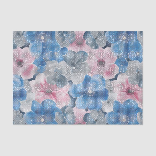 Pink Blue Flowers Sparkle Tissue Paper (Front)
