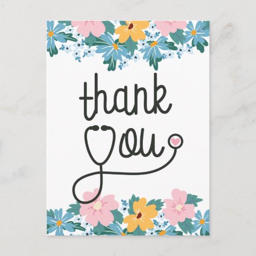 Pink Blue Flowers Stethoscope Nurse Thank You Postcard