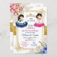 Pink & Blue Flowers Twin Quinceanera  Invitation