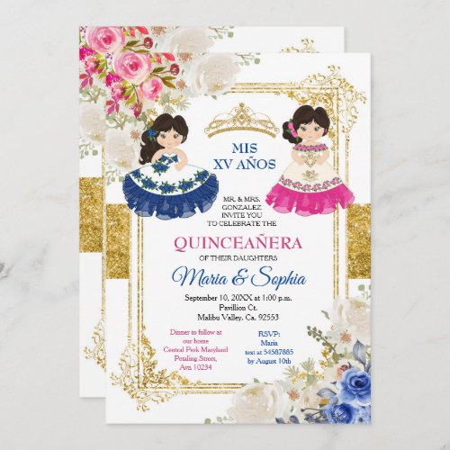 Pink  Blue Flowers Twin Quinceanera  Invitation