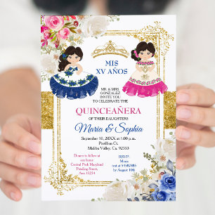 Pink & Blue Flowers Twin Quinceanera Invitation
