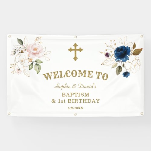 Pink Blue Flowers Twins 1st Birthday Welcome Sign