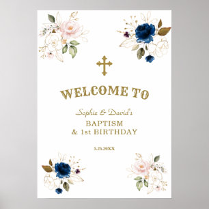 Pink Blue Flowers Twins 1st Birthday Welcome Sign