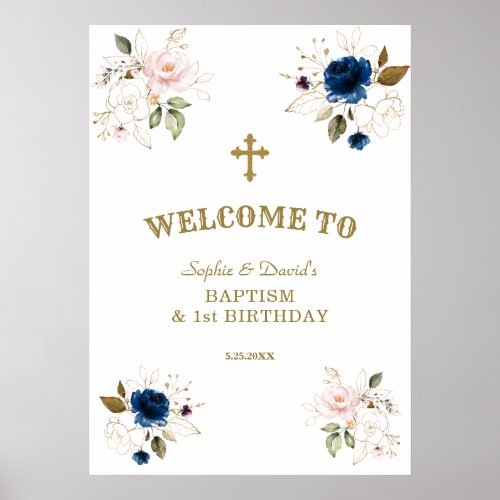 Pink Blue Flowers Twins 1st Birthday Welcome Sign