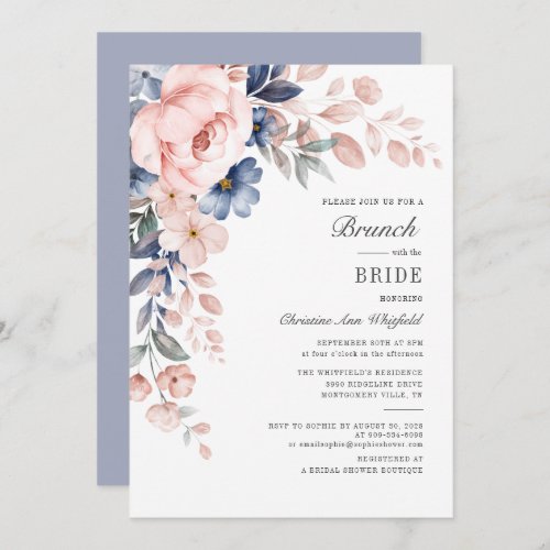 Pink Blue Flowers Watercolor Floral Bridal Brunch Invitation