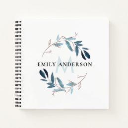 PINK BLUE FOLIAGE WATERCOLOR WREATH MONOGRAM NOTEBOOK