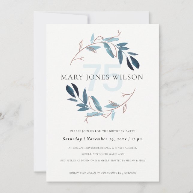 PINK BLUE FOLIAGE WREATH ANY AGE 75 BIRTHDAY CARD (Front)