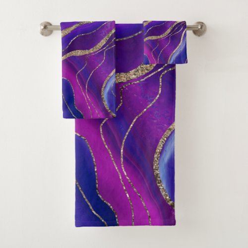 Pink Blue Galaxy Nebula Agate Glitter Glam 1  Bath Towel Set