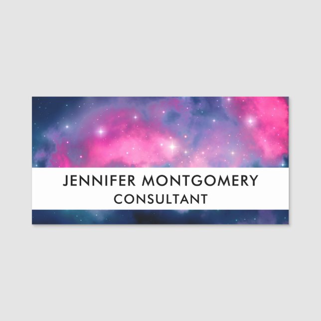 Pink & Blue Galaxy Nebula & Stars Abstract Name Tag (Front)
