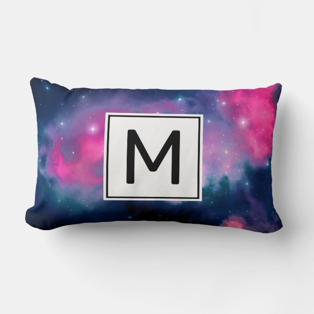 Pink & Blue Galaxy & Stars Abstract Monogram Lumbar Pillow (Front)