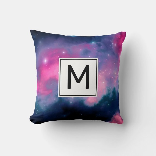 Pink & Blue Galaxy & Stars Abstract Monogram Throw Pillow (Front)