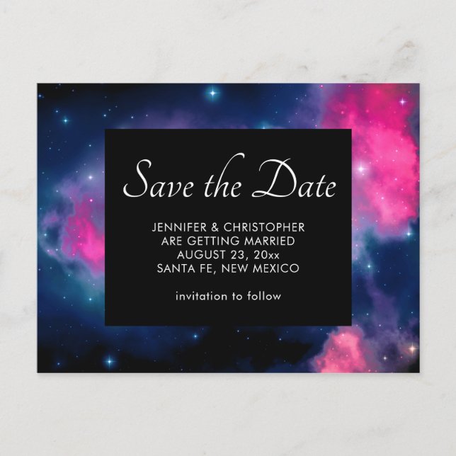 Pink & Blue Galaxy & Stars Abstract Save the Date Postcard (Front)