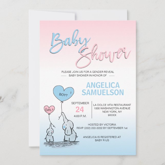 Pink Blue Gender Reveal Elephant Baby Shower Invitation (Front)