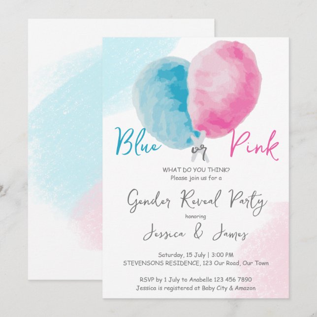 Pink blue gender reveal party invite blue or pink (Front/Back)