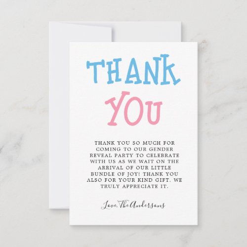Pink Blue Gender Reveal Party Thank You Card