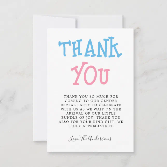Pink Blue Gender Reveal Party Thank You Card Zazzle