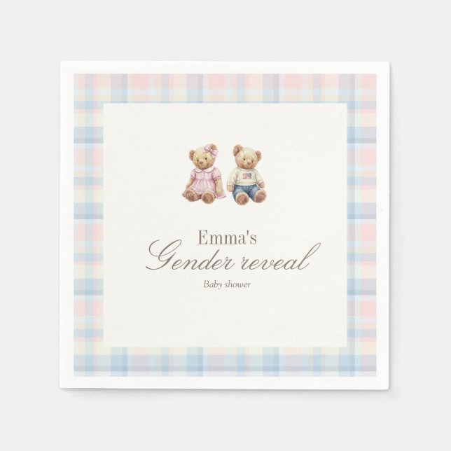 Pink Blue Gender reveal Teddy Bear Baby Shower  Napkins (Front)