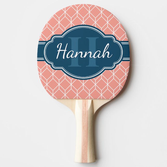 Pink Blue Geometric Pattern Monogram Bat Ping Pong Paddle (Front)
