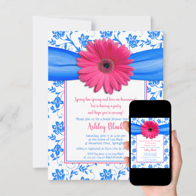 Pink Blue Gerbera Daisy Bridal Shower Invitation Zazzle