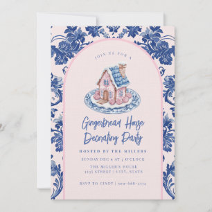 Pink & Blue Gingerbread House Decorating Party Invitation