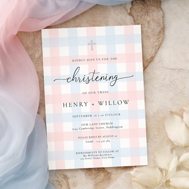 Pink Blue Gingham Christening Invitation (Creator Uploaded)