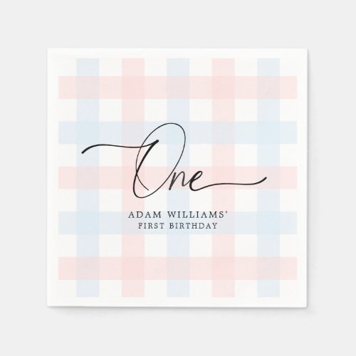 Pink Blue Gingham First Birthday Paper Napkin