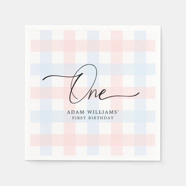 Pink Blue Gingham First Birthday Paper Napkin (Front)