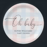 Pink Blue Gingham Oh Baby Paper Plates<br><div class="desc">Celebrate with these classic gingham paper plates. The design features a timeless gingham design and modern fonts. The script heading is an image that cannot be edited. The heading image is not editable. All of the other text is fully editable. For more advanced customization of this design, simply select the...</div>