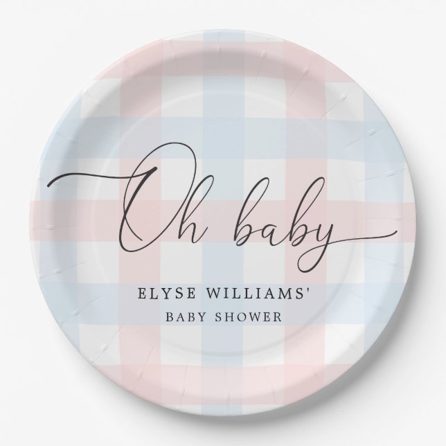 Pink Blue Gingham Oh Baby Paper Plates (Front)