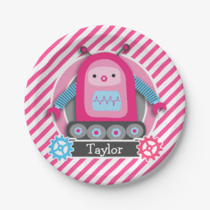 Pink & Blue Girl Robot; Pink & White Stripes Paper Plates