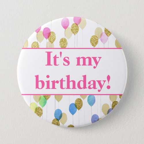 Pink Blue Glitter Balloons Its My Birthday Button