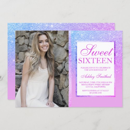 Pink blue glitter bright ombre photo Sweet 16 Invitation