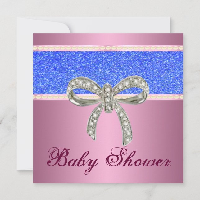 Pink Blue Glitter Diamond Bow Baby Shower Invite (Front)