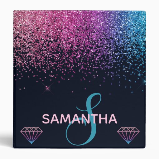 Pink & Blue Glitter & Diamonds Monogram 3 Ring Binder | Zazzle