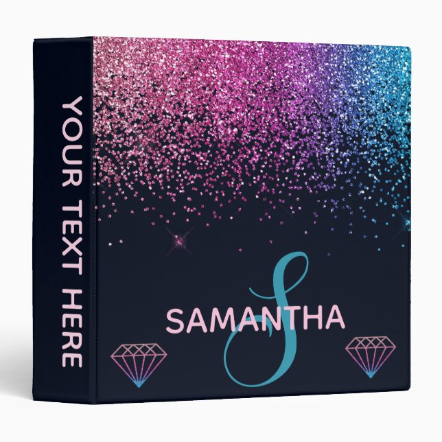 Pink & Blue Glitter & Diamonds Monogram 3 Ring Binder (Front/Spine)