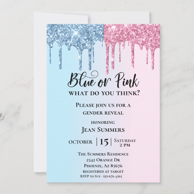 Pink Blue Glitter Drips Sparkle Glam Gender Reveal Invitation (Front)