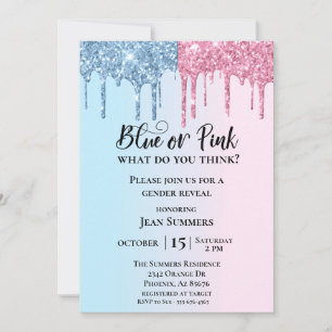 Pink Blue Glitter Drips Sparkle Glam Gender Reveal Invitation