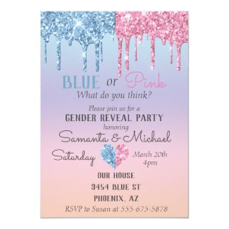 Pink Blue Glitter Drips Sparkle Glam Gender Reveal Invitation
