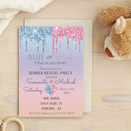 Pink Blue Glitter Drips Sparkle Glam Gender Reveal Invitation