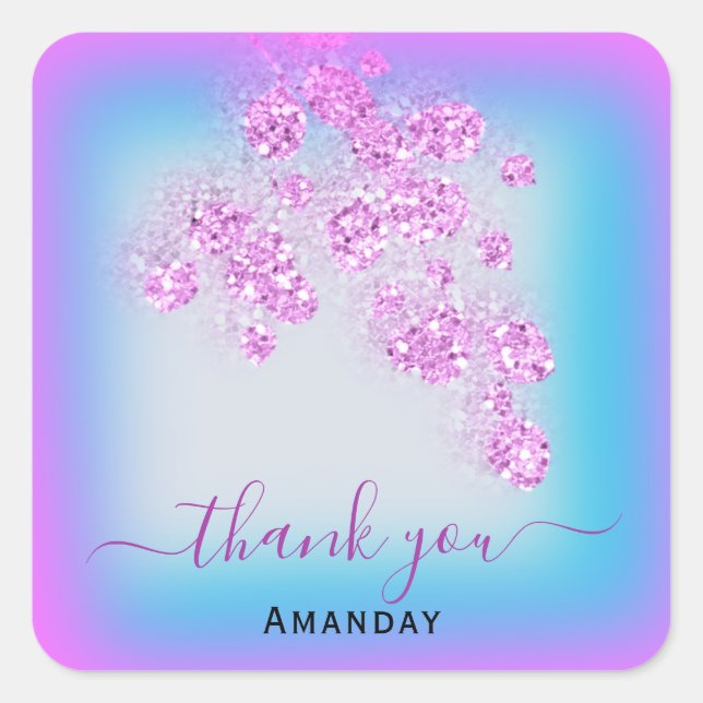 Pink  Blue Glitter Thank Name Sweet 16th Square Sticker (Front)